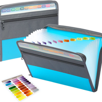 Project Folder - A4 - Foldable File Folder with Tabs - 13 Compartments - Storage Folder/Sorting Folder - Compartment Folder - Durable Plastic Document Folder - Writing Folder with Zipper - Conference Folder - Work Folder - Document Folder - Blue - Portabl.