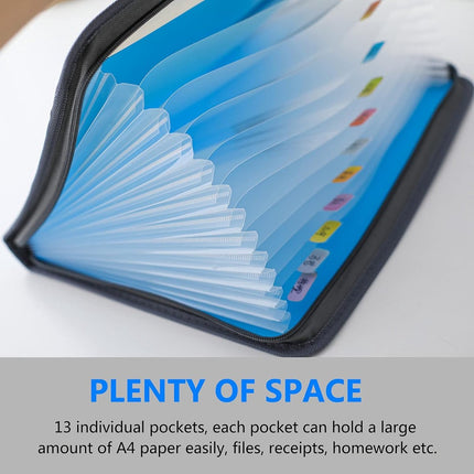 Project Folder - A4 - Foldable File Folder with Tabs - 13 Compartments - Storage Folder/Sorting Folder - Compartment Folder - Durable Plastic Document Folder - Writing Folder with Zipper - Conference Folder - Work Folder - Document Folder - Blue - Portabl.