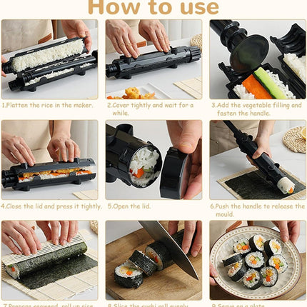 Sushi Maker Kit - Sushi Set - Sushi Maker - Sushi Roller - Sushi Bazooka - Includes Bamboo Sushi Mat - Shapes - DIY - Sushi Making - Sushi Shape - Sushi Mold - Gift - Black.