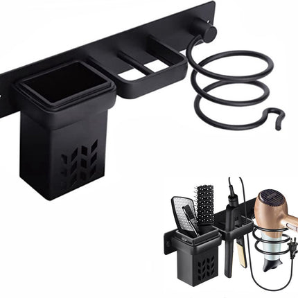 Hair Dryer Holder - With Storage Trays - Hair Dryer Holder - Hair Dryer Wall Bracket - Wall Mount - Universal - Hair Dryer Holder - Aluminum - Includes Mounting Material - Organizer For Your Hair Dryer And Straightener - Bathroom Accessories - Black.