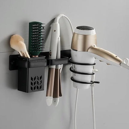 Hair Dryer Holder - With Storage Trays - Hair Dryer Holder - Hair Dryer Wall Bracket - Wall Mount - Universal - Hair Dryer Holder - Aluminum - Includes Mounting Material - Organizer For Your Hair Dryer And Straightener - Bathroom Accessories - Black.