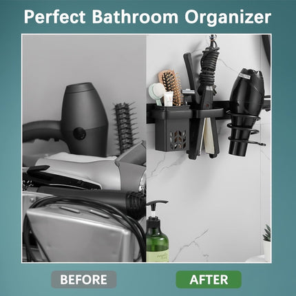 Hair Dryer Holder - With Storage Trays - Hair Dryer Holder - Hair Dryer Wall Bracket - Wall Mount - Universal - Hair Dryer Holder - Aluminum - Includes Mounting Material - Organizer For Your Hair Dryer And Straightener - Bathroom Accessories - Black.