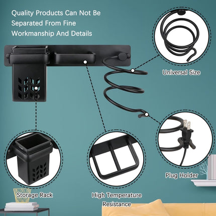 Hair Dryer Holder - With Storage Trays - Hair Dryer Holder - Hair Dryer Wall Bracket - Wall Mount - Universal - Hair Dryer Holder - Aluminum - Includes Mounting Material - Organizer For Your Hair Dryer And Straightener - Bathroom Accessories - Black.