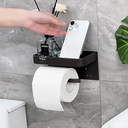 Toilet Roll Holder - With Shelf - Stainless Steel - High Load Capacity - Portable - Water Resistant - Self-Adhesive / Drilling Required - Toilet Roll Holder - Toilet Paper Holder - Tray - Grey - Incl. Screws - Easy to Install.