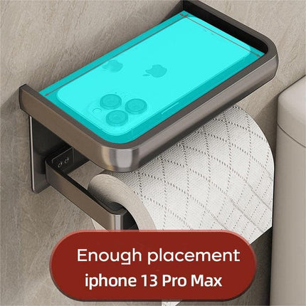 Toilet Roll Holder - With Shelf - Stainless Steel - High Load Capacity - Portable - Water Resistant - Self-Adhesive / Drilling Required - Toilet Roll Holder - Toilet Paper Holder - Tray - Grey - Incl. Screws - Easy to Install.