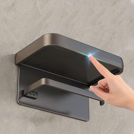 Toilet Roll Holder - With Shelf - Stainless Steel - High Load Capacity - Portable - Water Resistant - Self-Adhesive / Drilling Required - Toilet Roll Holder - Toilet Paper Holder - Tray - Grey - Incl. Screws - Easy to Install.