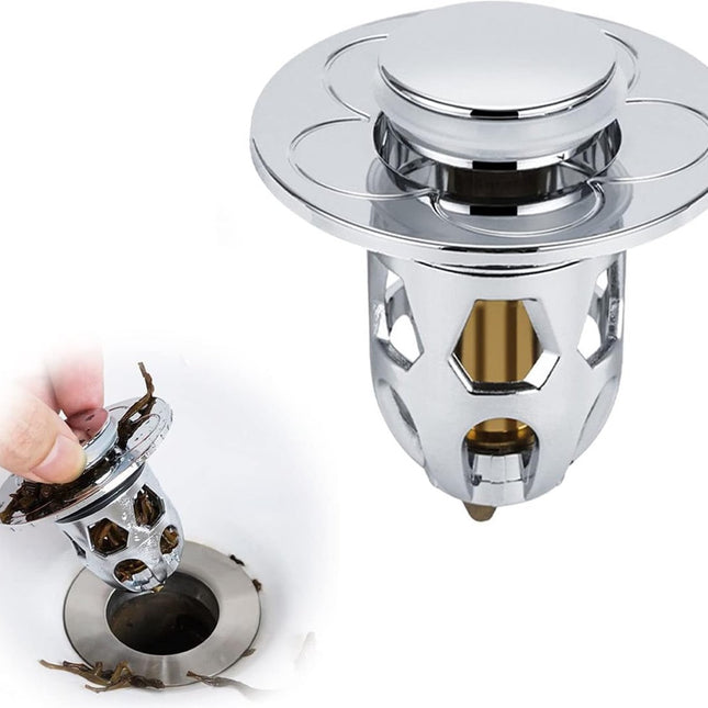 Universal Sink Stopper - Pop-Up Washbasin Stopper - Washbasin Drain Plug - Drain Stopper - Drain Strainer - Hair Catcher - Washbasin - Drain Plugs - Washbasins - Bathroom / Kitchen - Anti-Hair - Chrome - For 34-40 mm