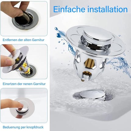 Universal Sink Stopper - Pop-Up Washbasin Stopper - Washbasin Drain Plug - Drain Stopper - Drain Strainer - Hair Catcher - Washbasin - Drain Plugs - Washbasins - Bathroom / Kitchen - Anti-Hair - Chrome - For 34-40 mm.