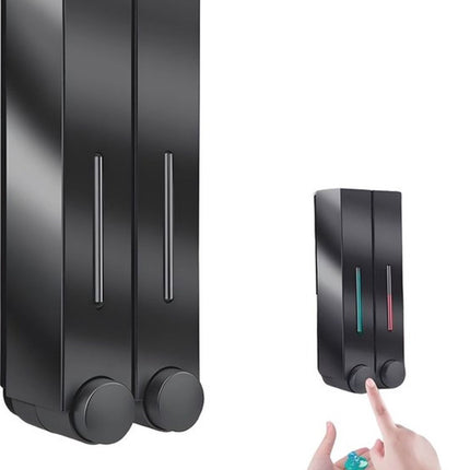 Shampoo Dispenser - Soap Dispenser - Soap Dispenser - ABS - Liquid Level Indicator - 2 Leak-Proof Reservoirs - 2x420ml - Push-Type - No Drilling Required - Soap Pump - Soap Pump - Hanging - Wall Mounting - Shower/Kitchen - Bathroom Accessory - Black - Dur.