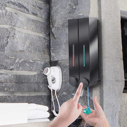 Shampoo Dispenser - Soap Dispenser - Soap Dispenser - ABS - Liquid Level Indicator - 2 Leak-Proof Reservoirs - 2x420ml - Push-Type - No Drilling Required - Soap Pump - Soap Pump - Hanging - Wall Mounting - Shower/Kitchen - Bathroom Accessory - Black - Dur.