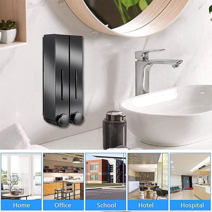 Shampoo Dispenser - Soap Dispenser - Soap Dispenser - ABS - Liquid Level Indicator - 2 Leak-Proof Reservoirs - 2x420ml - Push-Type - No Drilling Required - Soap Pump - Soap Pump - Hanging - Wall Mounting - Shower/Kitchen - Bathroom Accessory - Black - Dur.