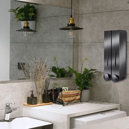 Shampoo Dispenser - Soap Dispenser - Soap Dispenser - ABS - Liquid Level Indicator - 2 Leak-Proof Reservoirs - 2x420ml - Push-Type - No Drilling Required - Soap Pump - Soap Pump - Hanging - Wall Mounting - Shower/Kitchen - Bathroom Accessory - Black - Dur.