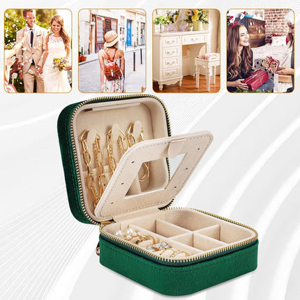 Mini Jewelry Box - Luxury Jewelry Box - With Mirror - Jewelry Box - Flannel - Jewelry Holder - Jewelry Storage Box - Bijouterie Box - Zipper - Travel - Traveling - Women/Girls - Green - Gift For Her - Soft Protection.