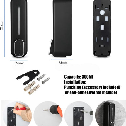 Shampoo Dispenser - Soap Dispenser - Refillable - Large Capacity - 350 ml - Wall-Mounted - Soap Pump - Small Soap Pump - Black - Wall Mount - Easy to Install - No Electricity Required - Durable - For Bathroom, Hotel.