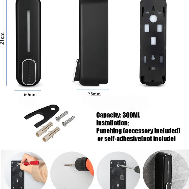 Shampoo Dispenser - Soap Dispenser - Refillable - Large Capacity - 350 ml - Wall-Mounted - Soap Pump - Small Soap Pump - Black - Wall Mount - Easy to Install - No Electricity Required - Durable - For Bathroom, Hotel.