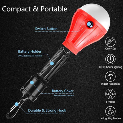 Camping Lamp - 4-Piece - Camping - Creative Adjustable LED Tent Lamp - Portable Camping Lamp - Camp Lamp - Tent Lighting - Lights - IPX4 Waterproof - Bright - Battery Operated Emergency - 4 Lighting Modes - for Outdoor / Fishing / Travel / Camping.