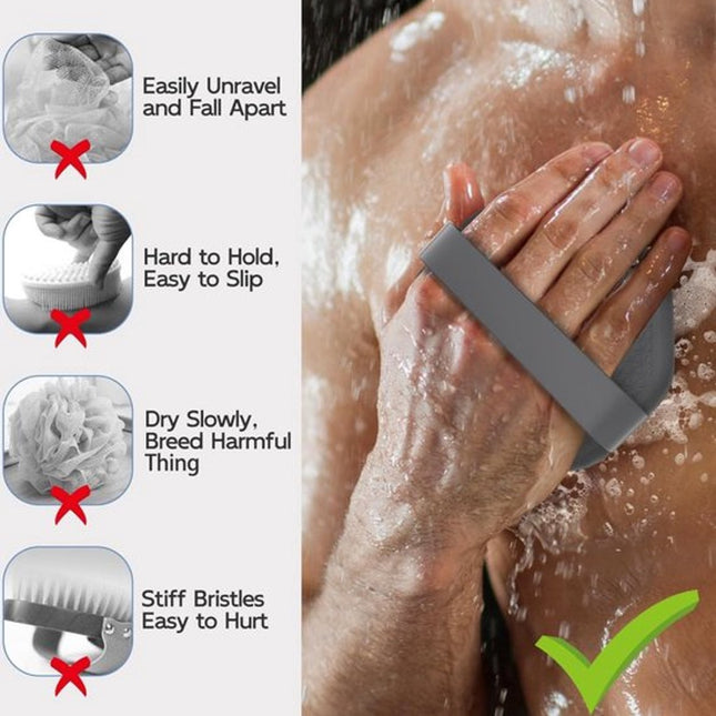Silicone Bath Brush - 2 Pieces - Dry Brush Skin Brush - Back Scrubber - Body Scrubbers - Body Brush - Back Brush Shower - Shower Brush - Silicone Brush - Massage - Bath & Shower Accessories - Easy Lathering - Ergonomic Handle - Grey.