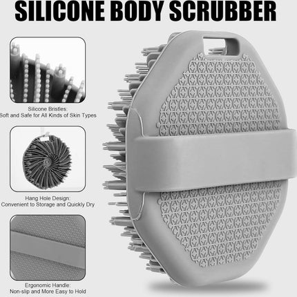 Silicone Bath Brush - 2 Pieces - Dry Brush Skin Brush - Back Scrubber - Body Scrubbers - Body Brush - Back Brush Shower - Shower Brush - Silicone Brush - Massage - Bath & Shower Accessories - Easy Lathering - Ergonomic Handle - Grey.