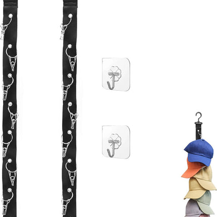 Hat Rack - 2 Pieces - Cap Rack - Cap Organizer - Wall Hat Hook - Hat Holder - Simple Hat Rack - Clothes Hanger - Cap Organizer - Cap Holder - Hanging Baseball Cap - Wall Mount with Hooks - 360 Degree Rotatable - 8 Hat Storage Clips.