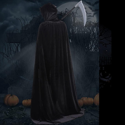 Luxury Black Hooded Coat - 170cm / XXL - Carnival Halloween Costume - Black Velour Coat - Hat - Adults - Dress Up - Costume Cape - Gothic - Fantasy - Halloween Suit - Carnival Clothing - Women and Men.