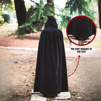Luxury Black Hooded Coat - 170cm / XXL - Carnival Halloween Costume - Black Velour Coat - Hat - Adults - Dress Up - Costume Cape - Gothic - Fantasy - Halloween Suit - Carnival Clothing - Women and Men.