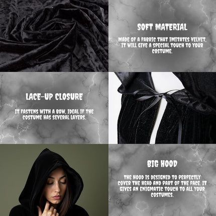 Luxury Black Hooded Coat - 170cm / XXL - Carnival Halloween Costume - Black Velour Coat - Hat - Adults - Dress Up - Costume Cape - Gothic - Fantasy - Halloween Suit - Carnival Clothing - Women and Men.