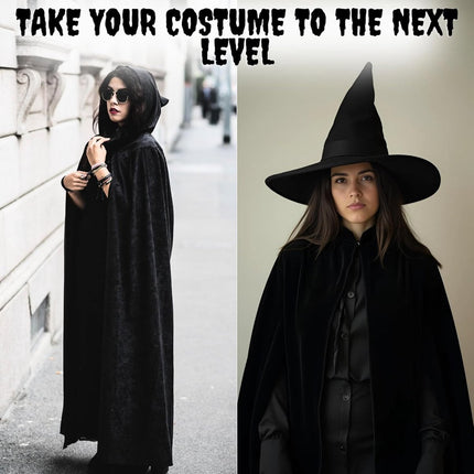 Luxury Black Hooded Coat - 170cm / XXL - Carnival Halloween Costume - Black Velour Coat - Hat - Adults - Dress Up - Costume Cape - Gothic - Fantasy - Halloween Suit - Carnival Clothing - Women and Men.