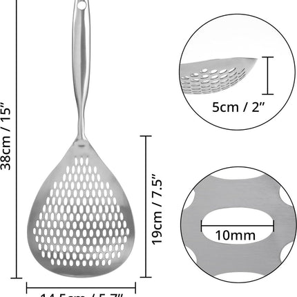 Skimmer - Stainless Steel - Deep-frying Spoon - Deep-frying Scoop - Food Sieve - Skimmer Spoon - Colander Spoon - Non-Stick - Hanging Handle - Dishwasher Safe - Draining Potatoes/Vegetables/Pasta - Sieve - Colander - Cooking Supplies - Kitchen Tools.
