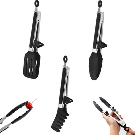 Meat Tongs - Set of 3 - Kitchen Tongs - Spaghetti Tongs - Pasta Tongs - Serving Tongs - Cooking Tongs - With Support Feet and Hanging Holes - Salad Tongs - Asparagus Tongs - BBQ Tongs - BBQ Accessories - Stainless Steel and Silicone - Kitchen Utensils - F.