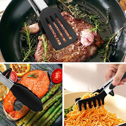 Meat Tongs - Set of 3 - Kitchen Tongs - Spaghetti Tongs - Pasta Tongs - Serving Tongs - Cooking Tongs - With Support Feet and Hanging Holes - Salad Tongs - Asparagus Tongs - BBQ Tongs - BBQ Accessories - Stainless Steel and Silicone - Kitchen Utensils - F.