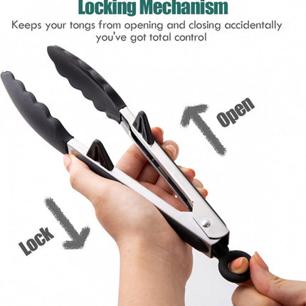 Meat Tongs - Set of 3 - Kitchen Tongs - Spaghetti Tongs - Pasta Tongs - Serving Tongs - Cooking Tongs - With Support Feet and Hanging Holes - Salad Tongs - Asparagus Tongs - BBQ Tongs - BBQ Accessories - Stainless Steel and Silicone - Kitchen Utensils - F.