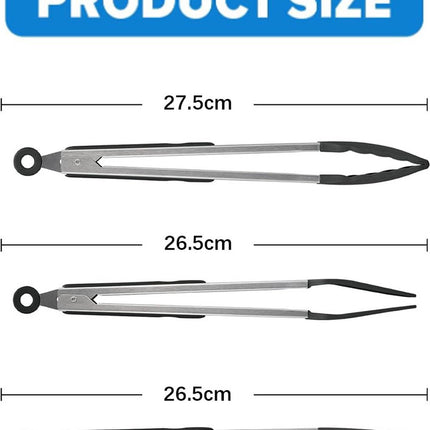 Meat Tongs - Set of 3 - Kitchen Tongs - Spaghetti Tongs - Pasta Tongs - Serving Tongs - Cooking Tongs - With Support Feet and Hanging Holes - Salad Tongs - Asparagus Tongs - BBQ Tongs - BBQ Accessories - Stainless Steel and Silicone - Kitchen Utensils - F.