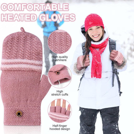 Heated Gloves - USB Heated Mittens - Heated Gloves - Electric Winter Gloves - Knitted Heated Gloves - Waterproof - Windproof - USB Rechargeable - Electrically Heated - One Size - Unisex - Winter Gift - Pink.