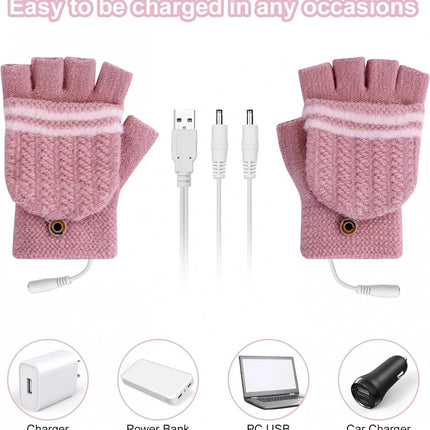 Heated Gloves - USB Heated Mittens - Heated Gloves - Electric Winter Gloves - Knitted Heated Gloves - Waterproof - Windproof - USB Rechargeable - Electrically Heated - One Size - Unisex - Winter Gift - Pink.