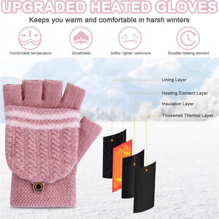 Heated Gloves - USB Heated Mittens - Heated Gloves - Electric Winter Gloves - Knitted Heated Gloves - Waterproof - Windproof - USB Rechargeable - Electrically Heated - One Size - Unisex - Winter Gift - Pink.