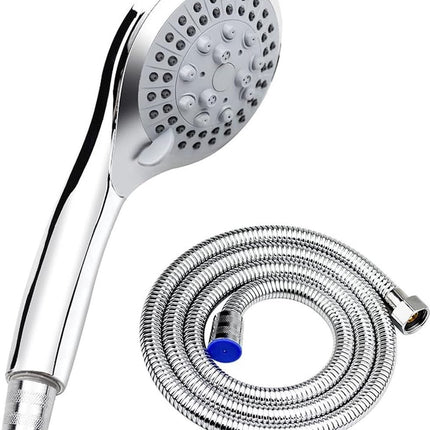 Water-Saving Shower Head - 5 Spray Settings - High Pressure - Hand Shower - Shower Set - With 1.5m Explosion-Proof Hose - Chrome - High Quality - Durable - Rain Shower - Silver - For Better Skin and Hair.