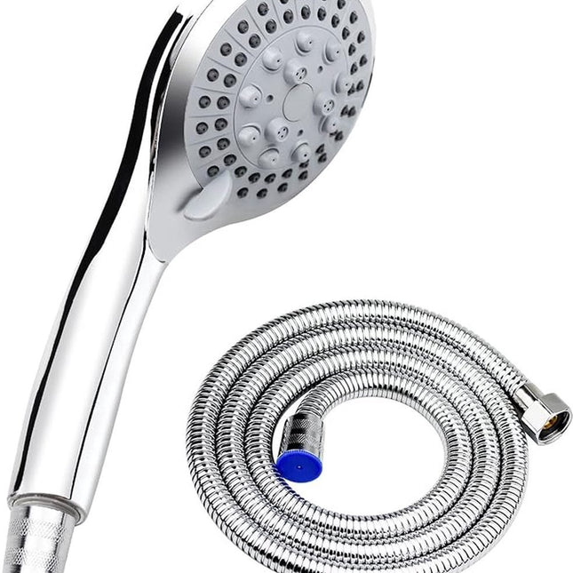 Water-Saving Shower Head - 5 Spray Settings - High Pressure - Hand Shower - Shower Set - With 1.5m Explosion-Proof Hose - Chrome - High Quality - Durable - Rain Shower - Silver - For Better Skin and Hair.