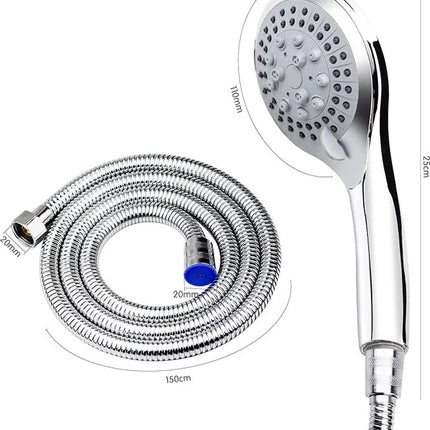 Water-Saving Shower Head - 5 Spray Settings - High Pressure - Hand Shower - Shower Set - With 1.5m Explosion-Proof Hose - Chrome - High Quality - Durable - Rain Shower - Silver - For Better Skin and Hair.