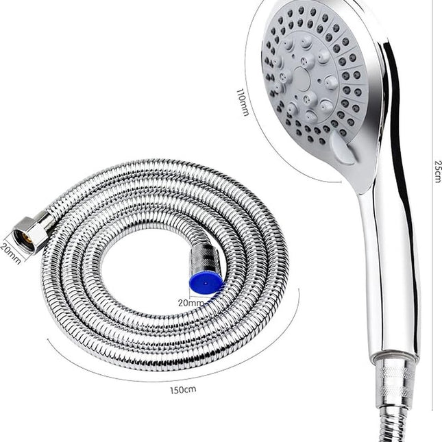 Water-Saving Shower Head - 5 Spray Settings - High Pressure - Hand Shower - Shower Set - With 1.5m Explosion-Proof Hose - Chrome - High Quality - Durable - Rain Shower - Silver - For Better Skin and Hair.