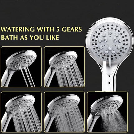 Water-Saving Shower Head - 5 Spray Settings - High Pressure - Hand Shower - Shower Set - With 1.5m Explosion-Proof Hose - Chrome - High Quality - Durable - Rain Shower - Silver - For Better Skin and Hair.