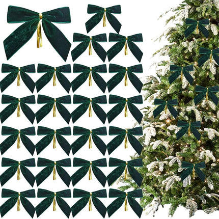 24 Piece Velvet Christmas Bows - Glitter - Christmas Decoration Bows - Christmas Ornaments - Christmas Tree Decoration - Christmas Bows - Christmas Atmosphere - Christmas - 3.5 x 3.5 inches - For Christmas Party, Christmas Tree, Indoors, Crafts - Green.