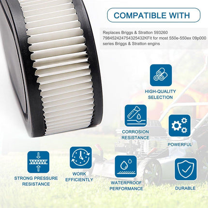 Lawn Mower Air Filter And 1x Spark Plug - Air Filter for Lawn Mowers - Air Filter Cleaner Cartridge - Air Filter Cartridge Replacement for 593260 Walk-Behind Mower, Compatible with Briggs & Stratton Engines 798452 - 593260/798452.