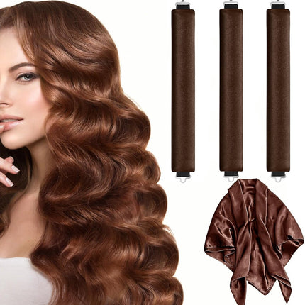 Heatless Curls - 3 Pieces - Satin - For Voluminous Curls - Curlers - Hair Rollers - Heatless Blowout Set - Heatless Curls Tool - Curls Without Heat - Curly Hair Products - Alternative to Curling Iron - Brown - All Hair Types - With Hair Scarf.