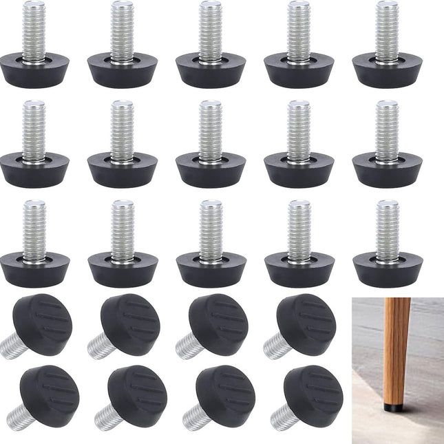 Adjustable Foot - 20 Pieces - Adjustable Feet with Felt Pads - Adjustable Foot M6 - 20mm Dia - Metal Adjustable Foot - 2.6 cm High - Furniture Coaster - Black / Silver - Plastic - Stainless Steel - Adjustable Feet - Felt Pads - Floor Protectors - Floor Gl.