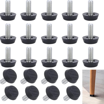 Adjustable Foot - 20 Pieces - Adjustable Feet with Felt Pads - Adjustable Foot M6 - 20mm Dia - Metal Adjustable Foot - 2.6 cm High - Furniture Coaster - Black / Silver - Plastic - Stainless Steel - Adjustable Feet - Felt Pads - Floor Protectors - Floor Gl.