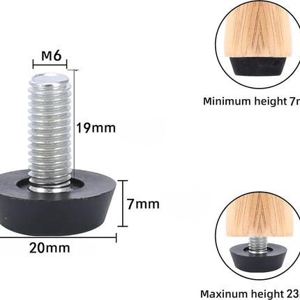 Adjustable Foot - 20 Pieces - Adjustable Feet with Felt Pads - Adjustable Foot M6 - 20mm Dia - Metal Adjustable Foot - 2.6 cm High - Furniture Coaster - Black / Silver - Plastic - Stainless Steel - Adjustable Feet - Felt Pads - Floor Protectors - Floor Gl.