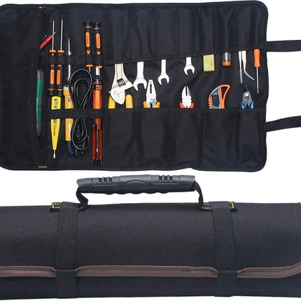 Roll-Up Case - Tool Bag - 600d Oxford Cloth - With Handle - Water-Resistant - Portable - Inner Pocket with Zipper - Easy Roll Bag - Multiple Compartments - 58 x 35 cm - Tool Pouch - Tool Roll - Black - Wear-Resistant & Durable (Without Tools).