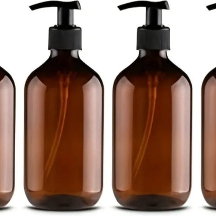 Set of 4 Pump Bottles, 500 ML, plastic soap dispenser Transparent brown, refillable shampoo bottle..
