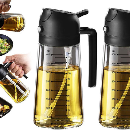 2-in-1 Olive Oil Sprayer - 470 ML - Glass - Olive Oil Bottle with Pour and Spray Function - Oil Atomizer - Oil Pump Cooking & Baking Spray - Refillable Oil Glass - BBQ Accessories - Airfryer - BPA-free - For Kitchen, Barbecue, Salads - 2 Pieces.