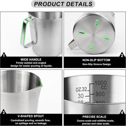 Measuring Cup with Pouring Spout - Measuring Cups with Scale - 1 Liter - Small Measuring Cups - Measuring Cups - Measuring Beaker - Cups - Measuring Jug - Measuring Cup - 304 Stainless Steel - 12 x 15 x 13 Cm (L x W x H) - Silver - For Precise Weighing an.